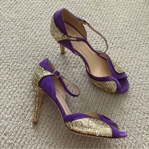 Kate Spade Corinne Carla Glitter Gold Purple High Heel Peep Toe Shoes Like New